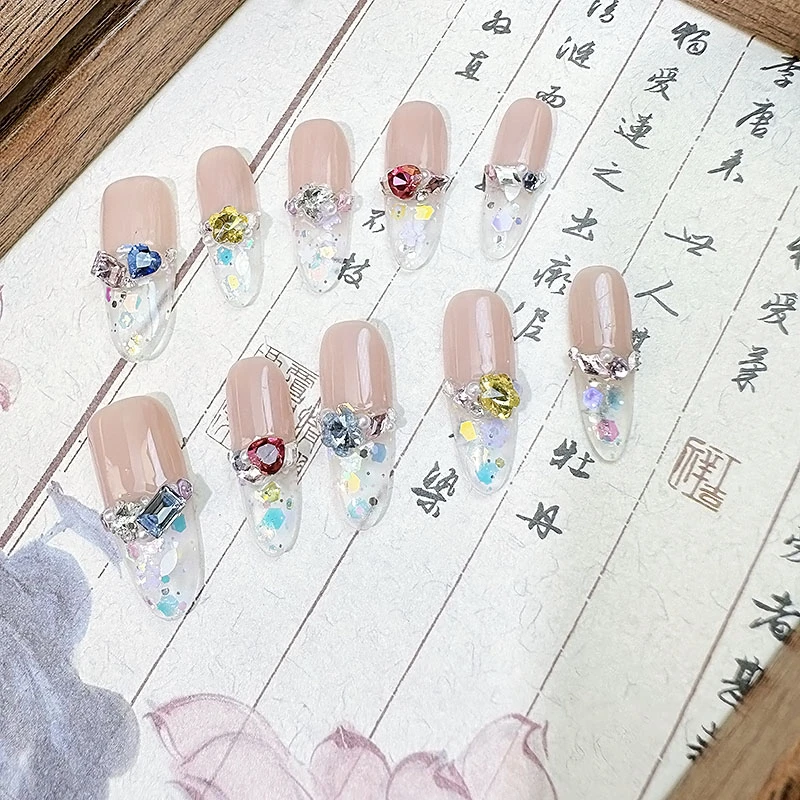 【蜜糖少女】纯手工穿戴甲,中长款冰透显白穿戴式美甲,夏季气质美甲