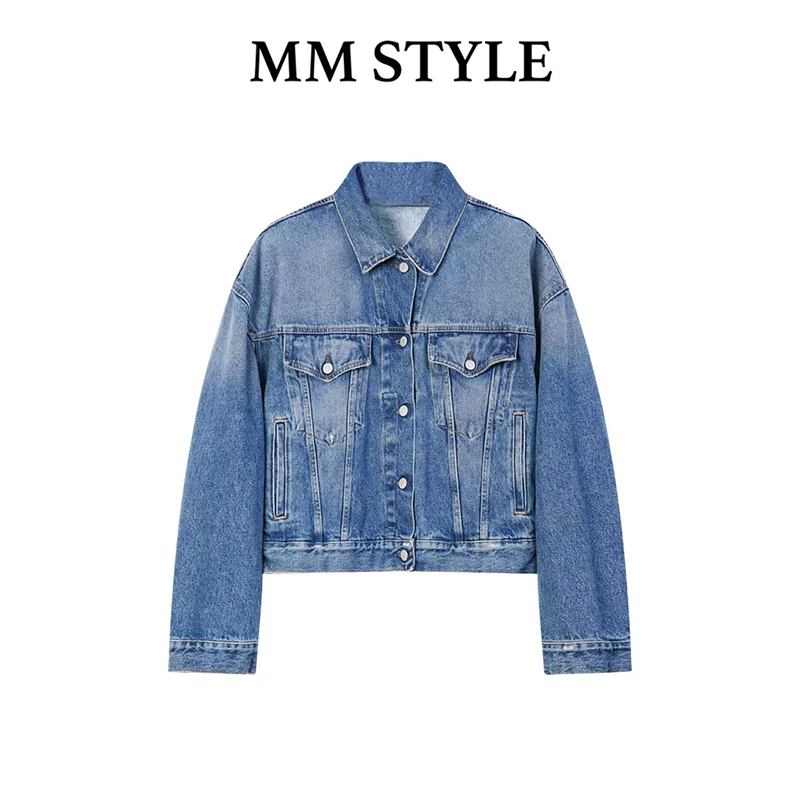 现货【万年青】MM STYLE新款复古蓝色牛仔外套宽松百搭落肩短夹克