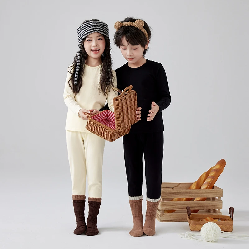 春秋冬纯棉中大童长袖打底内衣男孩女孩中领秋衣裤睡衣套装宝宝