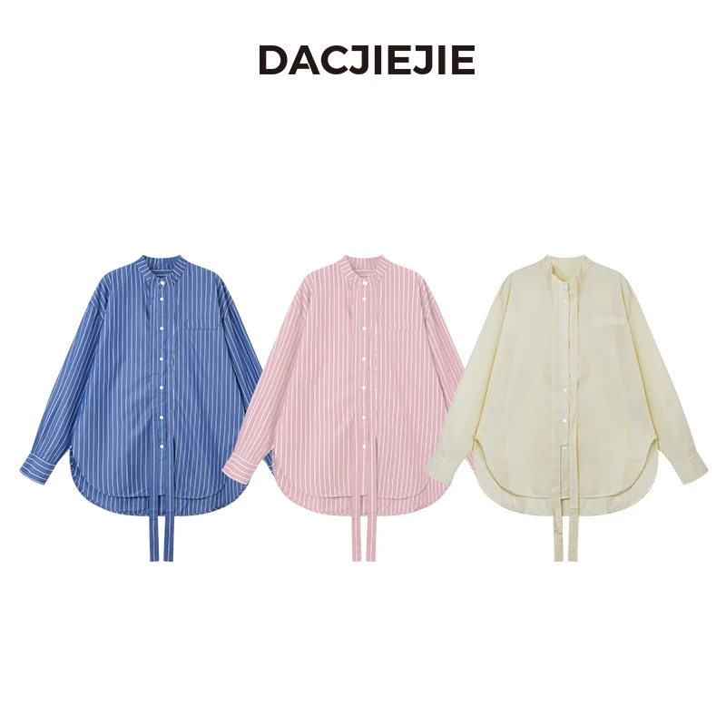 DACJIEJIE【飘带条纹衬衣】春季长袖衬衫时尚休闲百搭宽松撞色上衣
