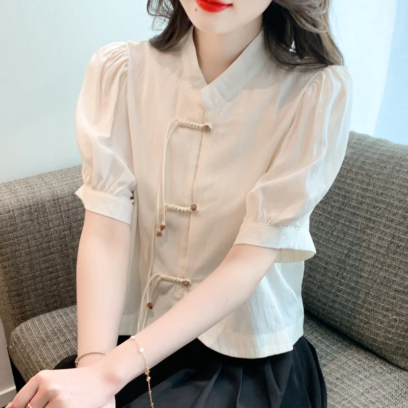 新中式盘扣短袖衬衫女夏季2023新款宽松短款衬衣小众独特别致上衣
