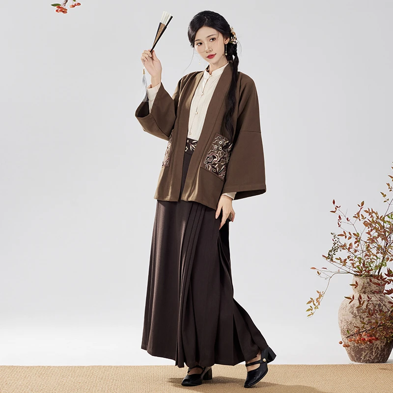 新中式明制汉服刺绣外套立领衬衣加刺绣大裙摆马面裙秋冬套装复古