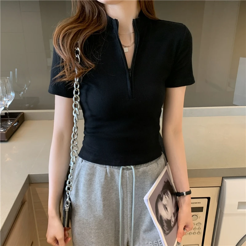 夏季正肩短袖t恤女拉链设计感小众修身显瘦别致独特甜辣短款上衣