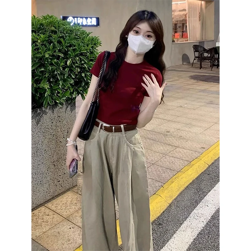 酒红色复古正肩短款紧身上衣女夏季设计感洋气别致多巴胺短袖t恤