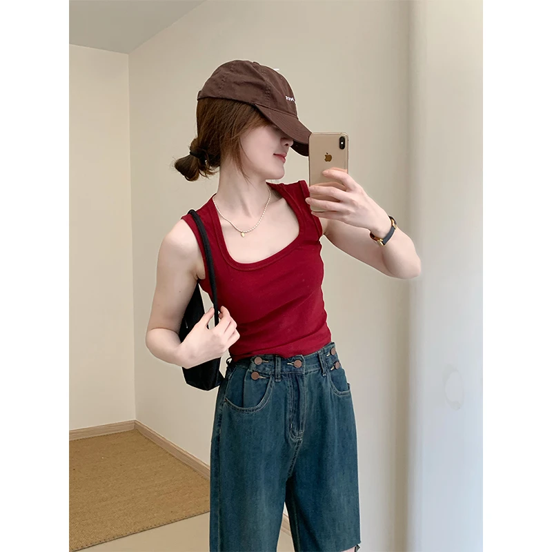 纯色显瘦遮副乳方领背心2024夏季新款韩版修身百搭可外穿上衣女