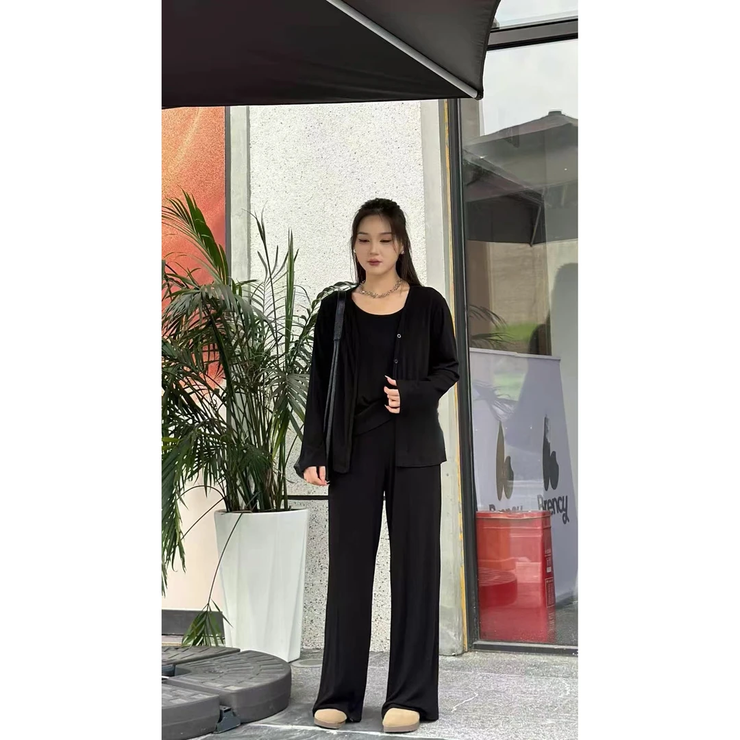 （收）春季新款大码515时尚三件套长袖开衫吊带背心阔腿裤套装女