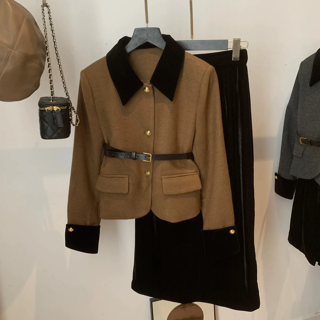 （收）新款5091款气质名媛小香风撞色翻领外套高腰半身裙两件套装