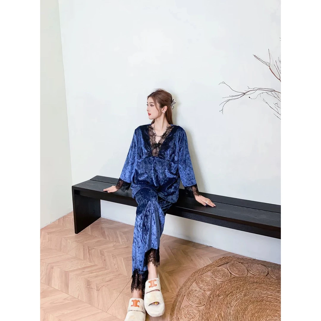 新款大码3207睡衣蕾丝女士显瘦家居服套装花边洋气两件套