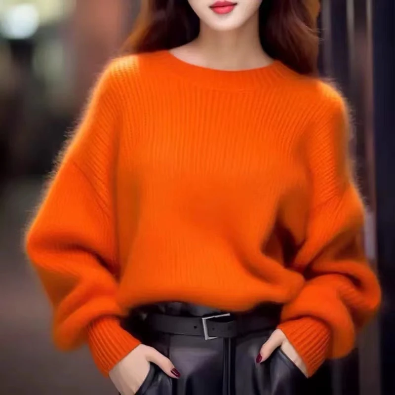 今年流行漂亮南瓜色毛毛衣女秋季2024新款欧货漂亮小香风上衣