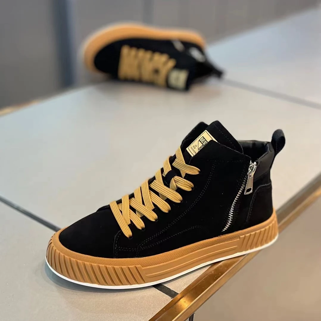 男鞋秋季新款磨砂皮高帮鞋透气男士潮流百搭轻奢拉链一脚蹬潮鞋男