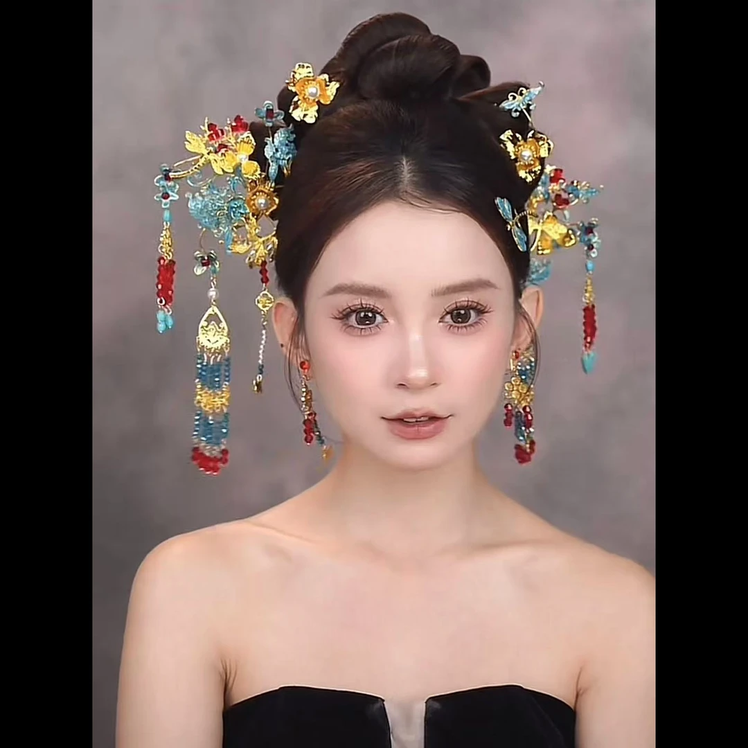 新款红蓝撞色新娘结婚饰品中式188