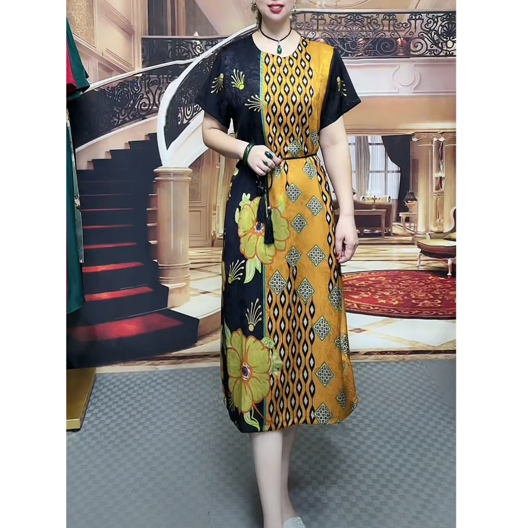 9851夏季重磅提花撞色百搭休闲连衣裙女士时尚圆领裙子女装连衣裙