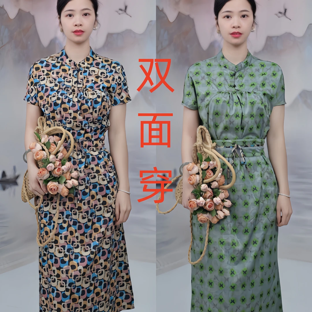 2591 双面双穿女装连衣裙碎花妈妈装气质时尚夏季复古修身中国风