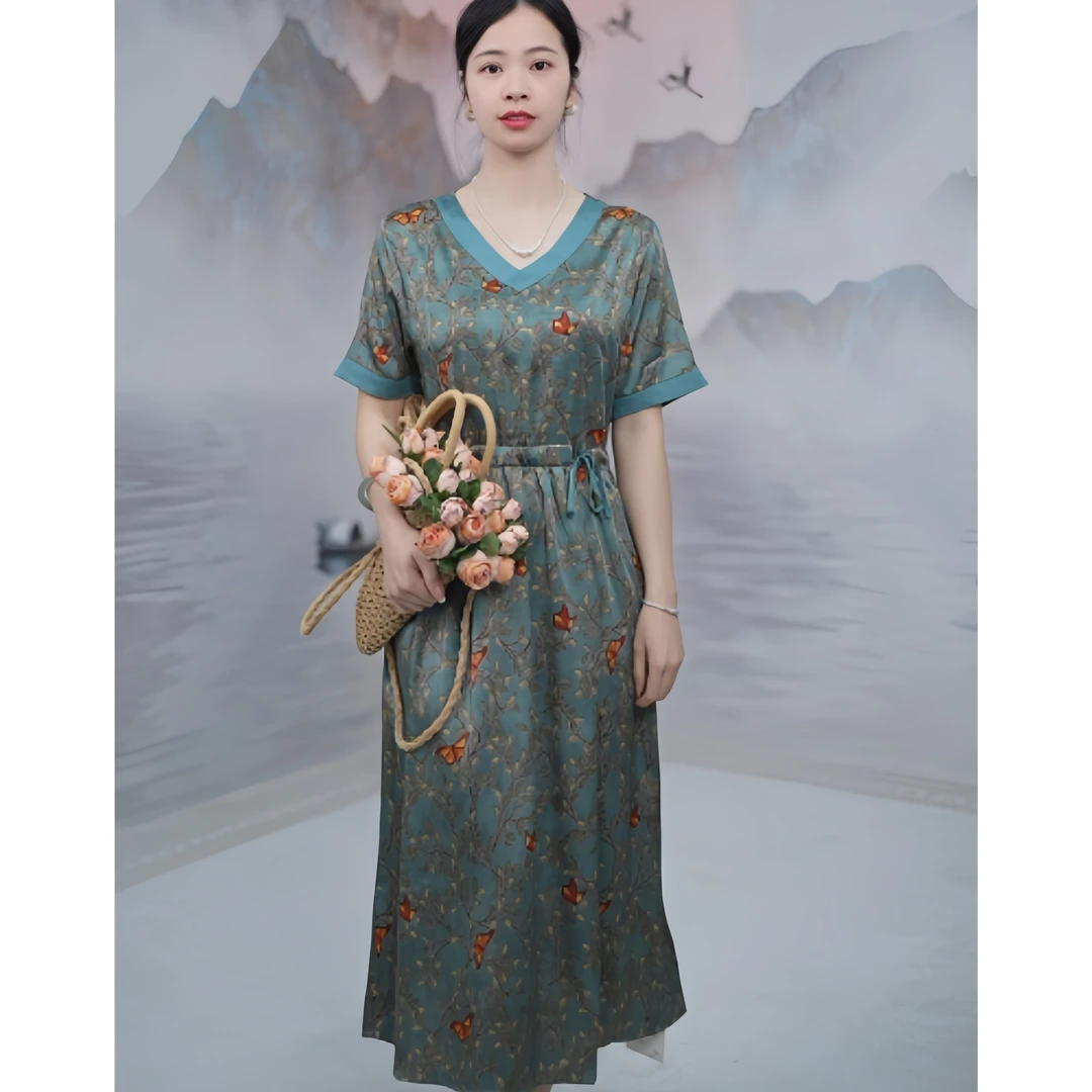 7005  夏季气质蝴蝶印花V领显瘦系带休闲女装连衣裙复古时尚收腰