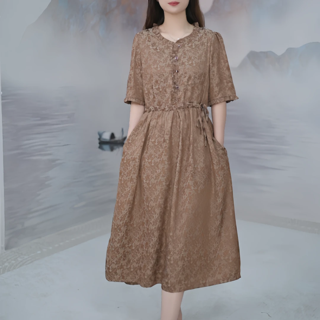 4082夏季国风款气质复古印花休闲中长款显瘦收腰女装连衣裙