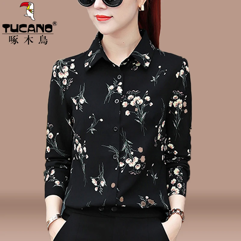 印花雪纺衬衫女长袖2024春秋季新款碎花衬衣中年妈妈打底上衣休闲