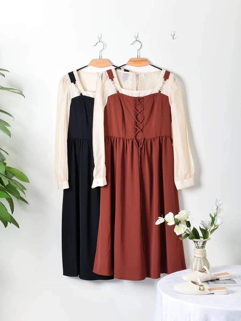 时尚连衣裙秋季2024显瘦气质复古法式收腰韩版拼接百搭设计感