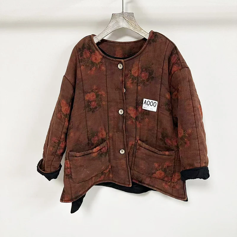 A000冬季休闲加绒保暖外套复古印花百搭花色加厚圆领双层文艺时尚