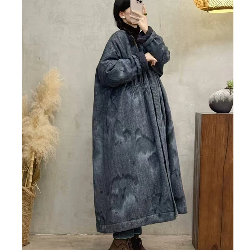 033冬季宽松连帽国风中长款百搭时尚水洗做旧文艺夹棉加厚外套女