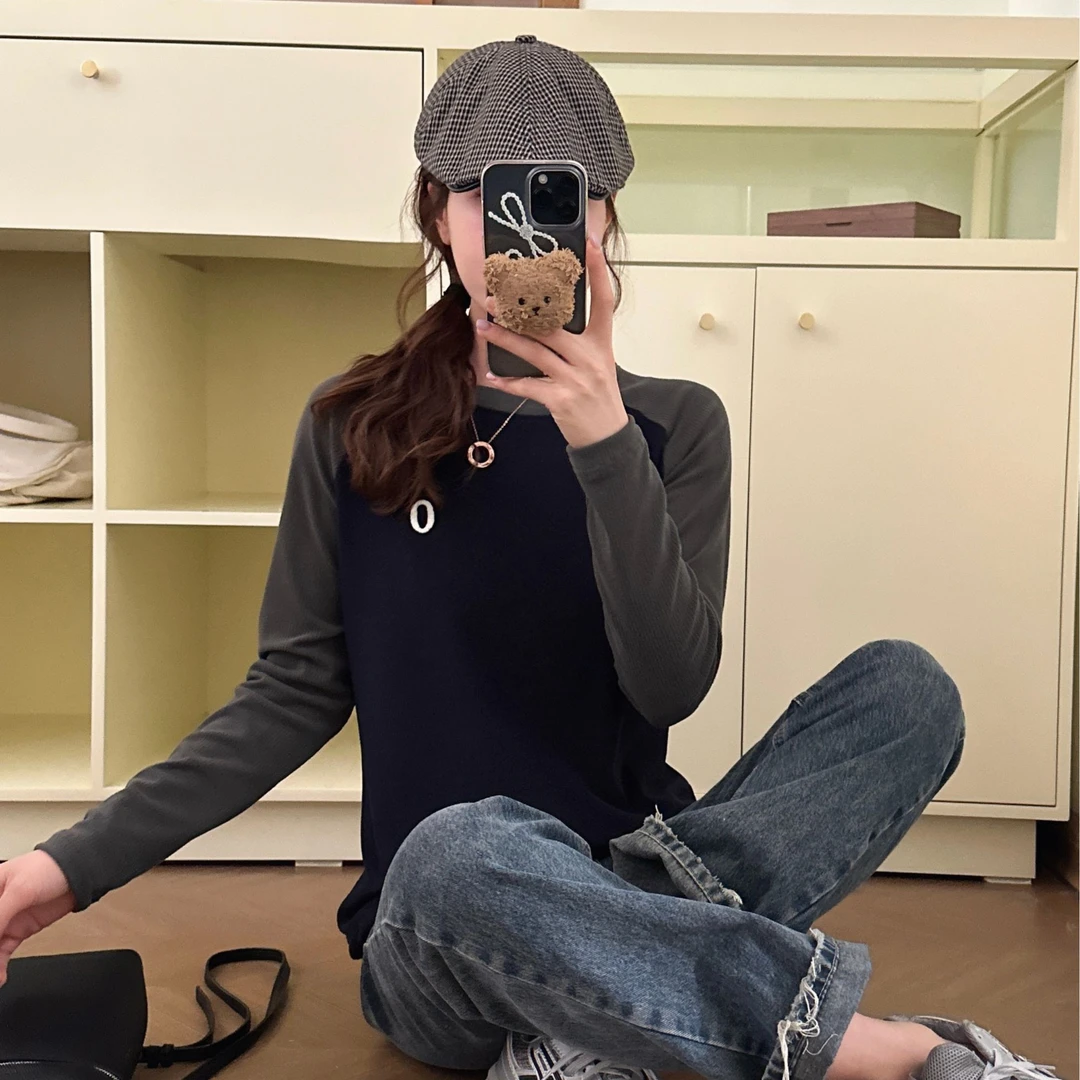 （素）长袖打底百搭保暖时尚休闲拼接春秋针织圆领6011