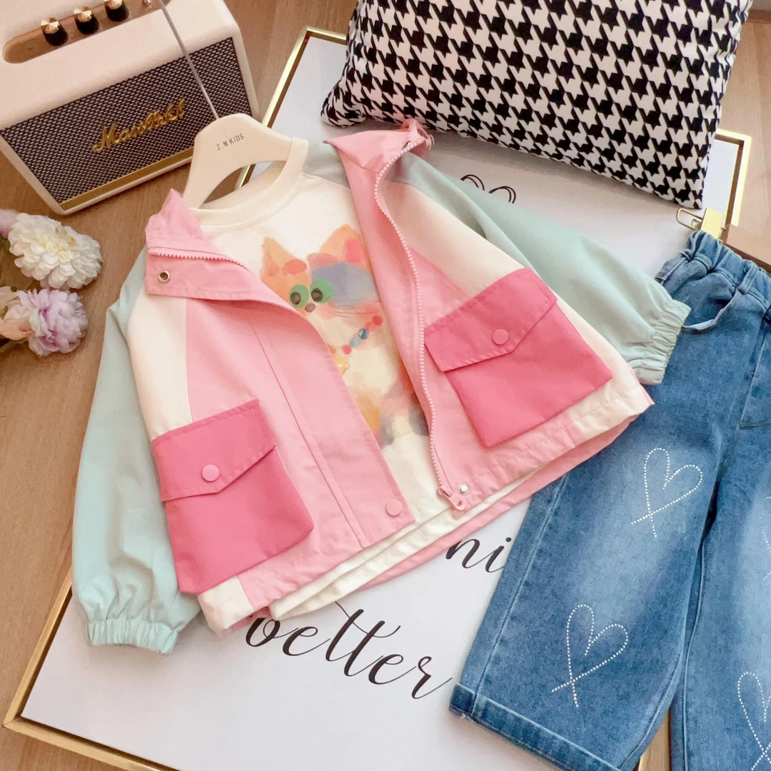【撞色冲锋衣】女童双层外套2024秋季新款洋气拼接上衣 G-126373