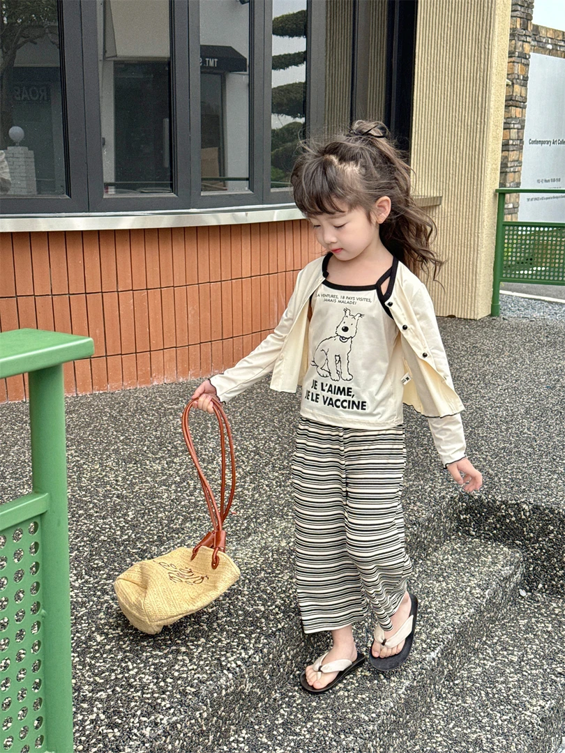 女童夏款套装三件套女孩子凉快韩版吊带f防晒外套条纹裤N502