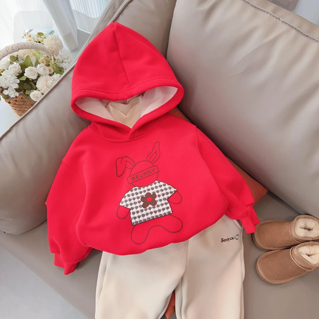 2023冬款儿童连帽加绒卫衣X-256138红色过年上衣冬款