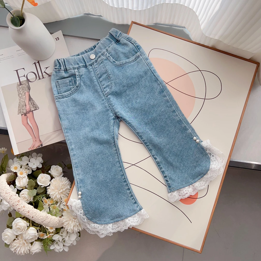 2024春秋女童休闲微喇蕾丝边牛仔裤H-19260女宝时尚百搭弹力裤子