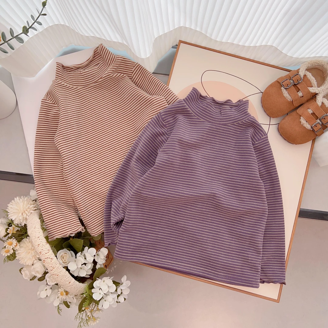 2023冬款女童木耳边条纹打底衫B-586136儿童半高领磨毛上衣保暖
