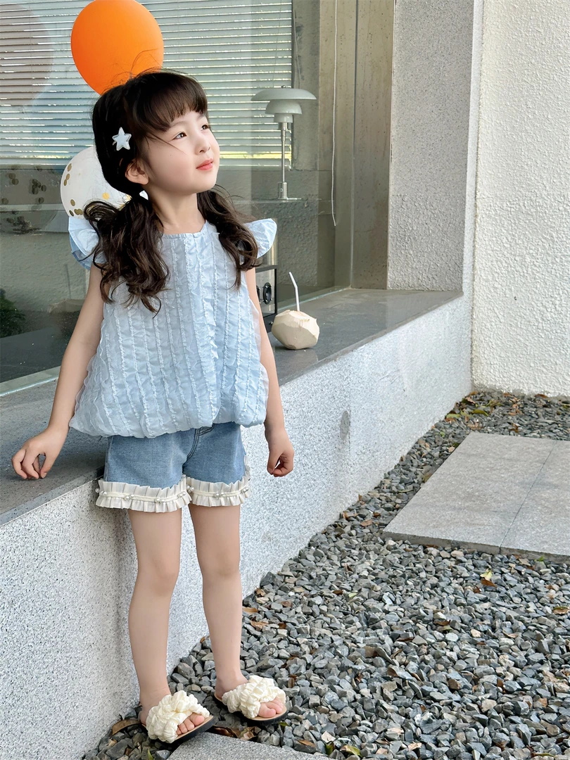 2024夏女童压褶无袖雪纺韩版飞飞袖上衣M-59019清透女宝背心T
