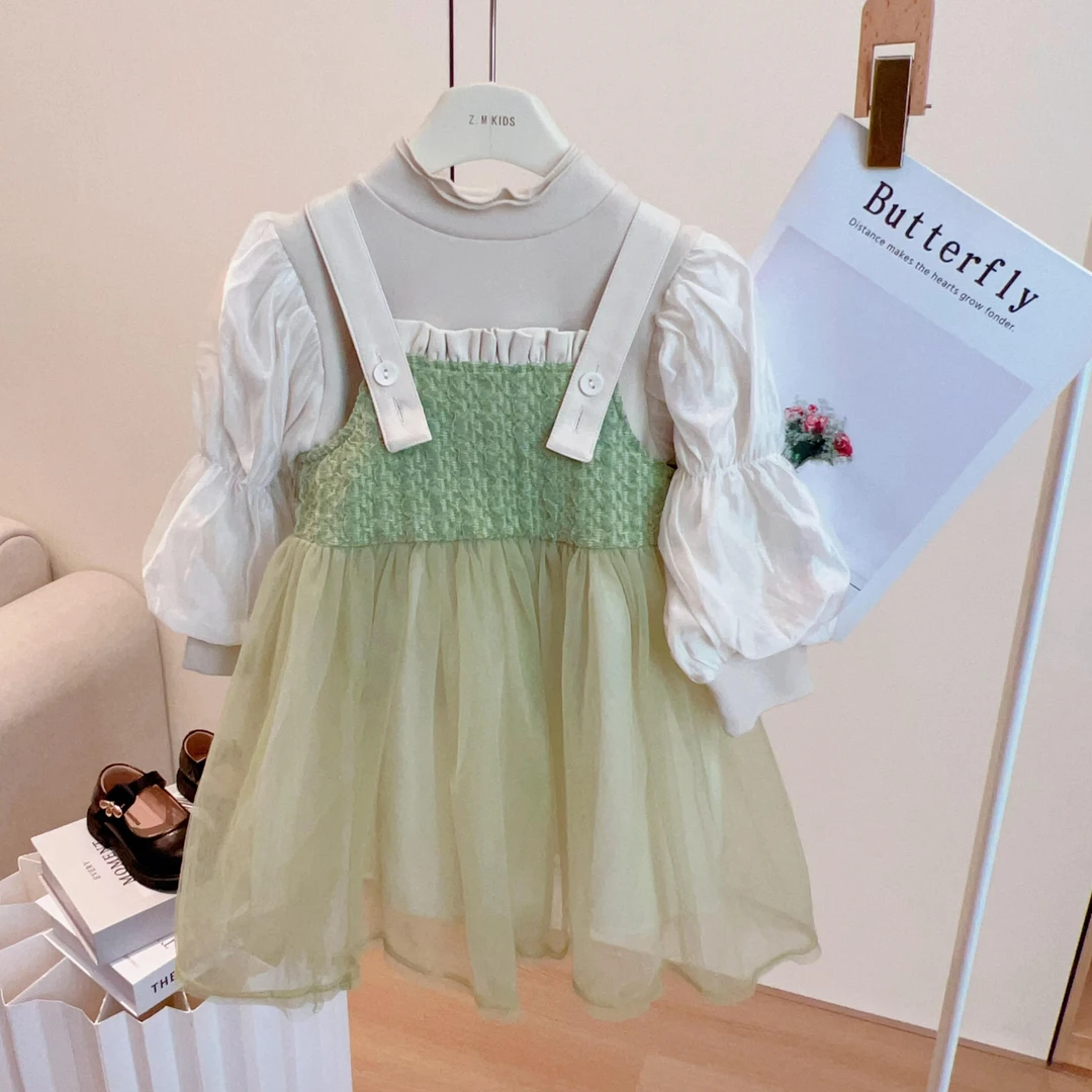 女童连衣裙套装秋季新款洋气泡泡袖网纱 H-196287女宝两件套