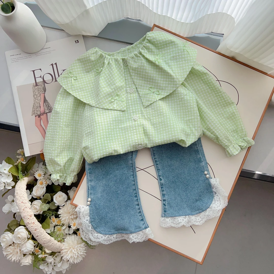2024春秋女童蝴蝶结格子衬衫H-19276女宝洋气绿上衣娃娃领翻领