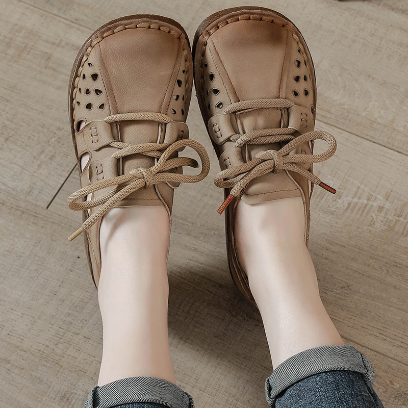 全牛皮夏季新款软底镂空凉鞋女复古妈妈鞋真皮宽脚厚底女鞋洞洞鞋