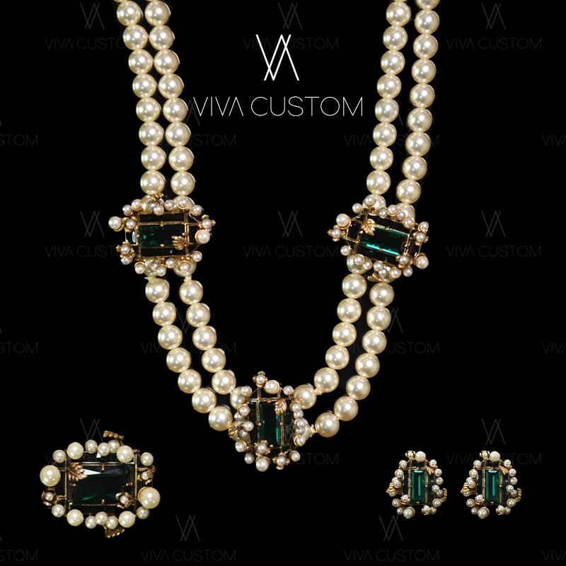 铜合金仿珍珠耳饰 （精工系列）法式复古绿意森林套装