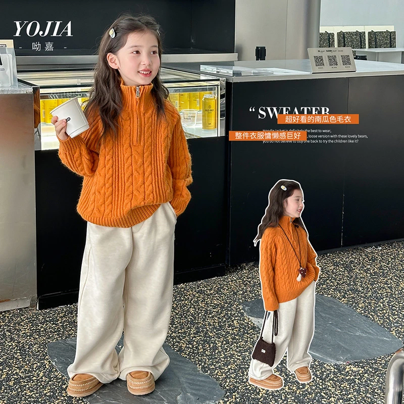 Y1201女童毛衣秋冬款2024新款慵懒时髦小女孩打底上衣针织衫