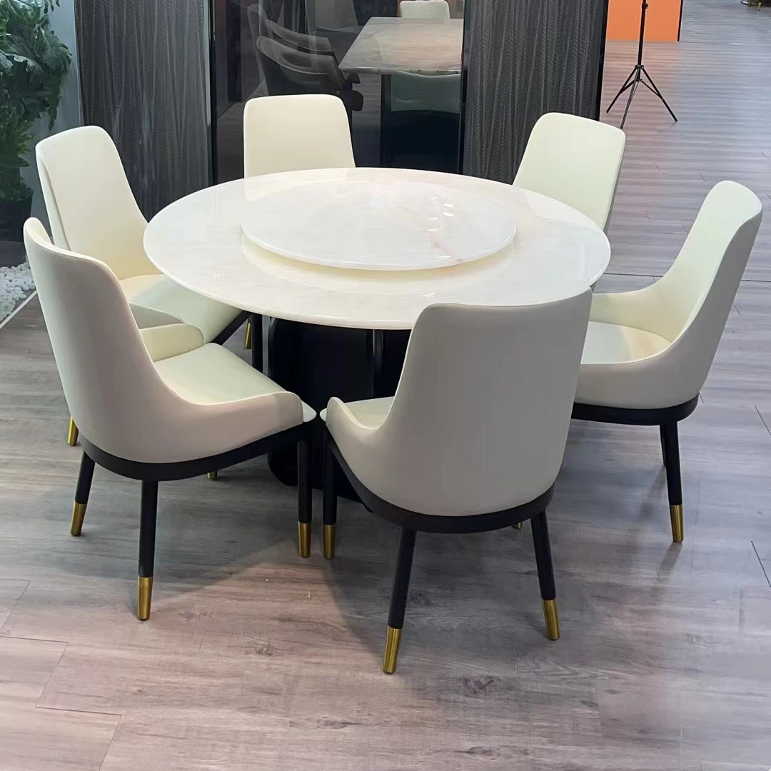 纯天然奢石大冰玉餐桌大理石旋转带转盘家用轻奢简约圆形别墅饭桌