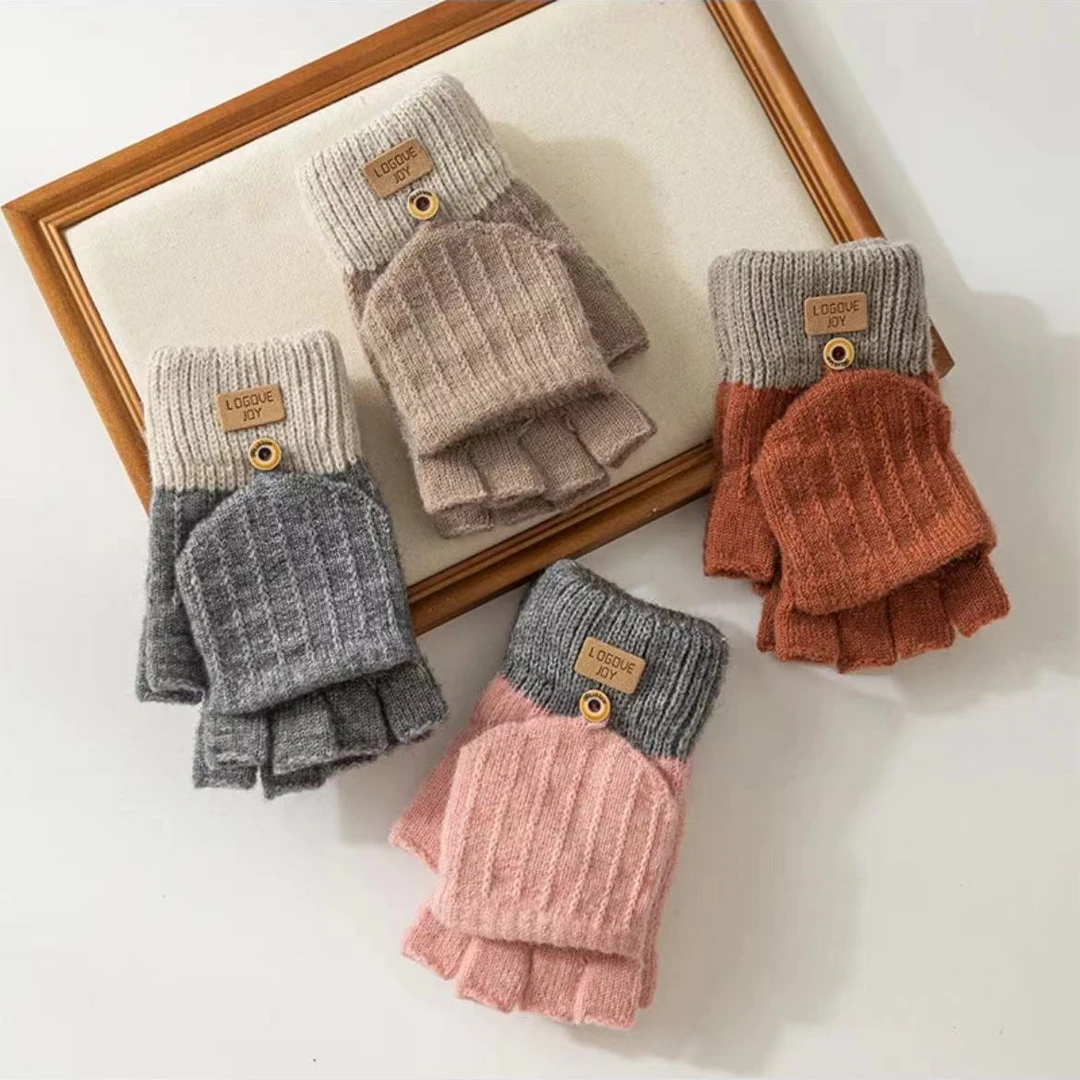 春秋冬保暖防寒手套针织触屏半指翻盖手套男女士手套户外漏指写字