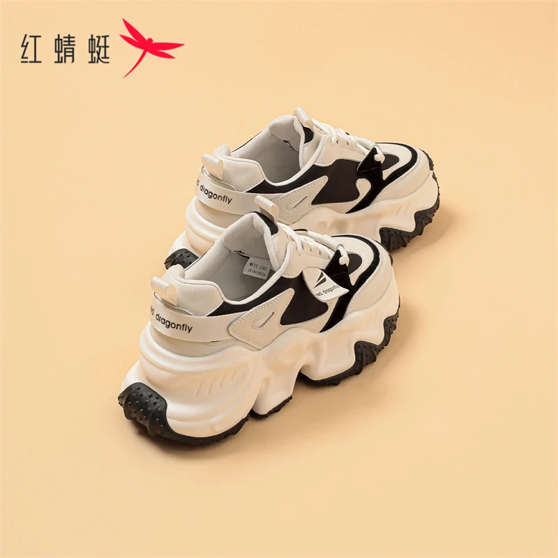 红蜻蜓黑白熊猫老爹鞋女款2023新款秋季爆款小个子厚底增高松糕鞋