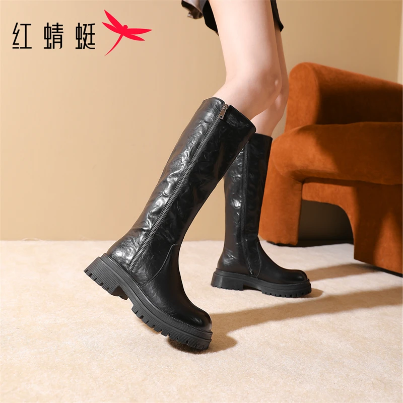 红蜻蜓马丁靴女款2024年新款秋冬小个子厚底骑士靴弹力瘦瘦长筒靴