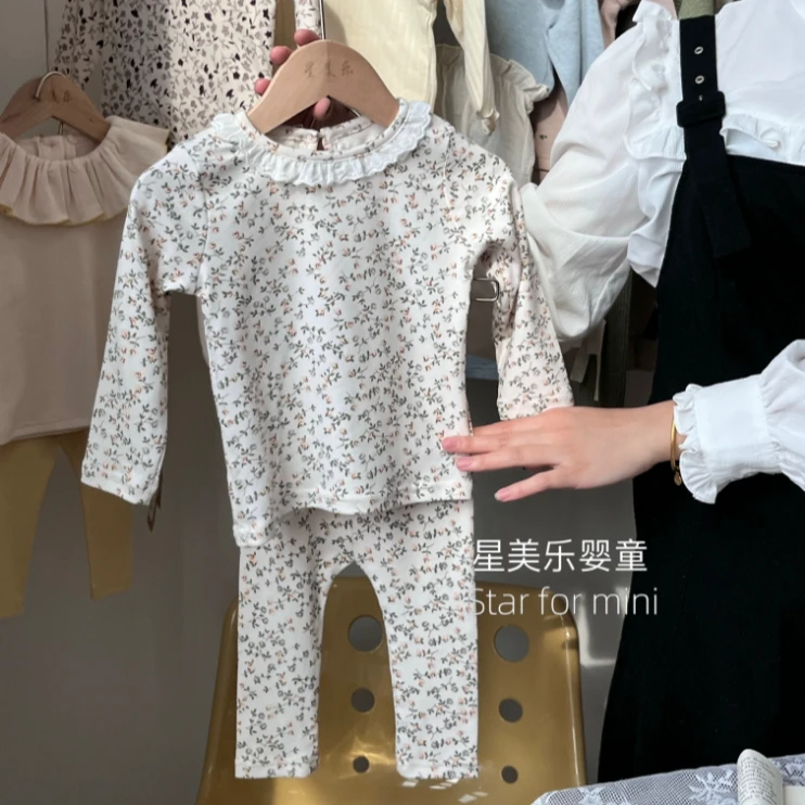 【哈米泡芙】2024春新生儿婴童韩系碎花花边家居服H124057