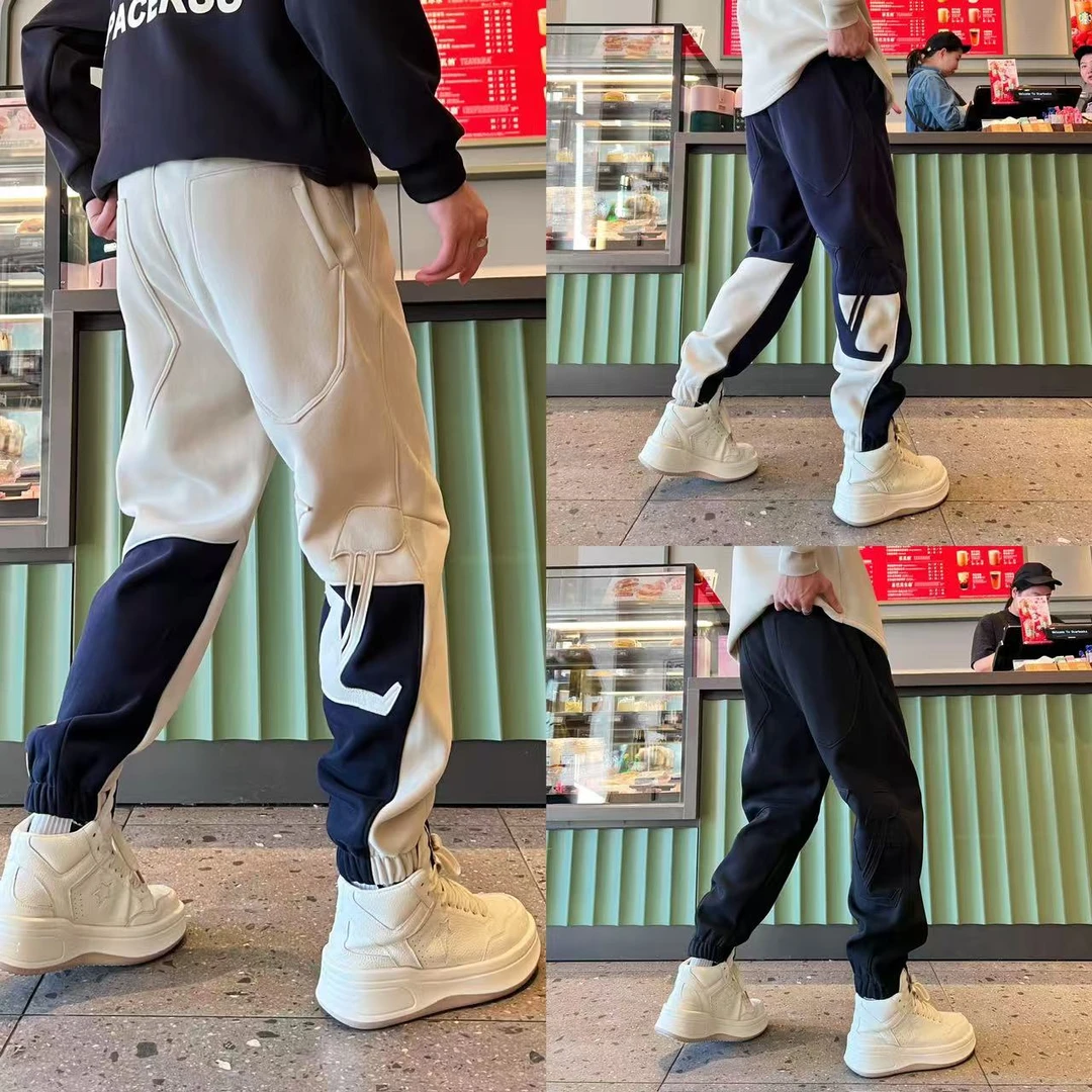 小众潮流撞色拼接秋冬季加绒保暖时尚百搭男士松紧腰束脚休闲裤
