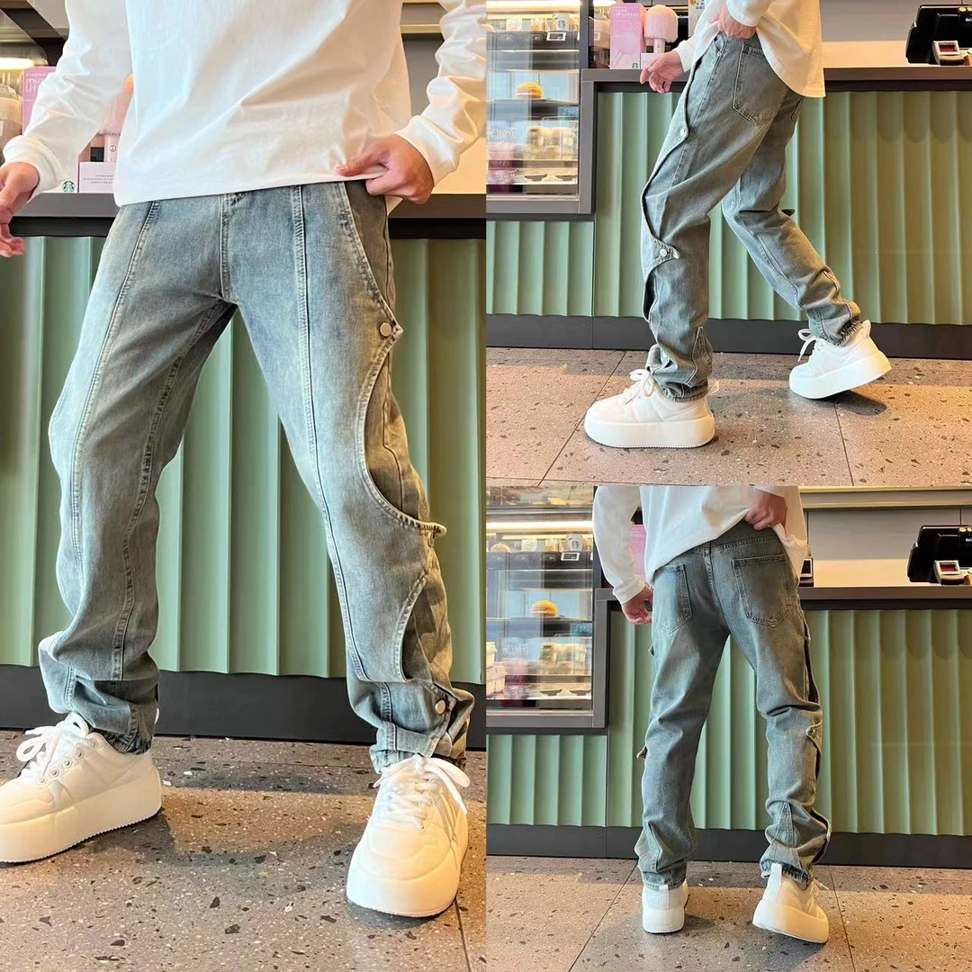 秋季新款美式高街拼接小众设计款个性纯色百搭复古时尚休闲牛仔裤