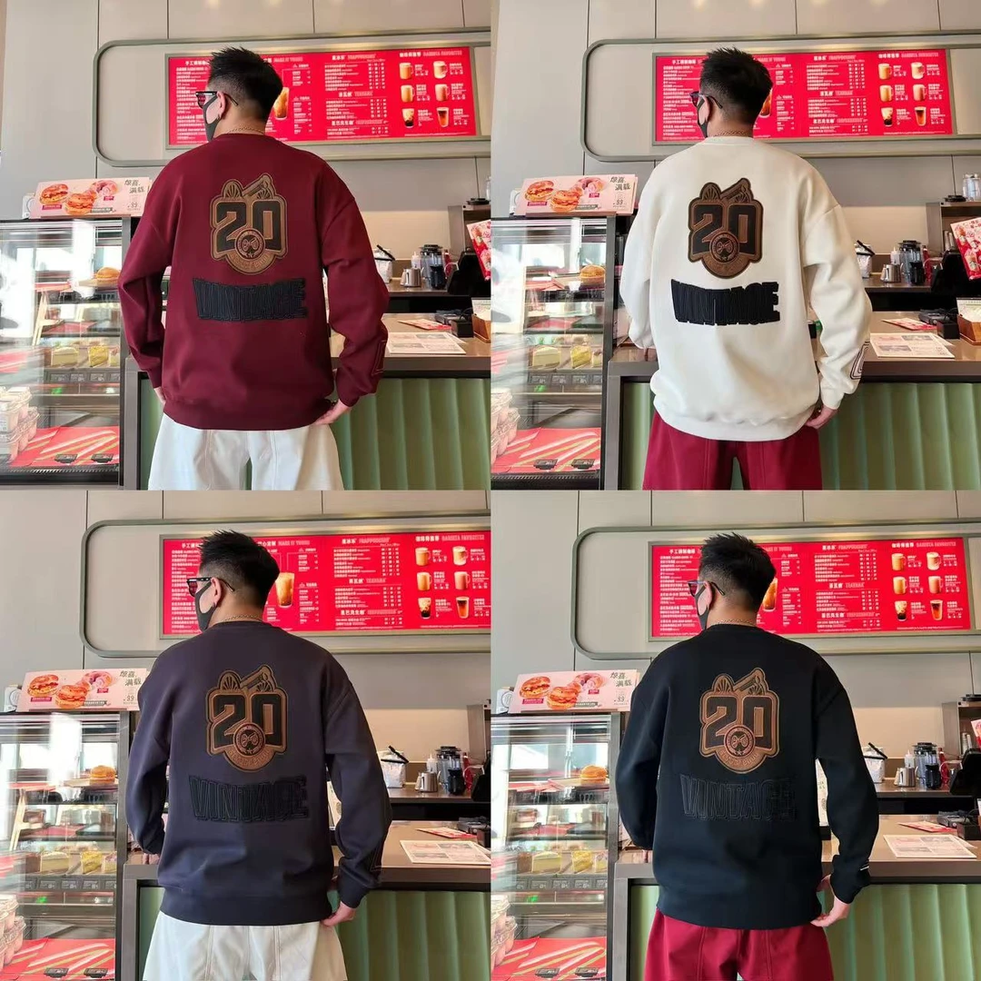 小众设计感撞色刺绣字母秋冬季加绒保暖情侣穿搭圆领套头长袖卫衣