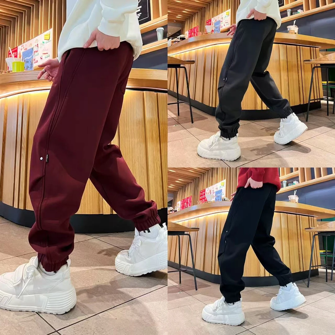 简约纯色时尚百搭刺绣加绒户外保暖男士立体裁剪抽绳束脚休闲裤