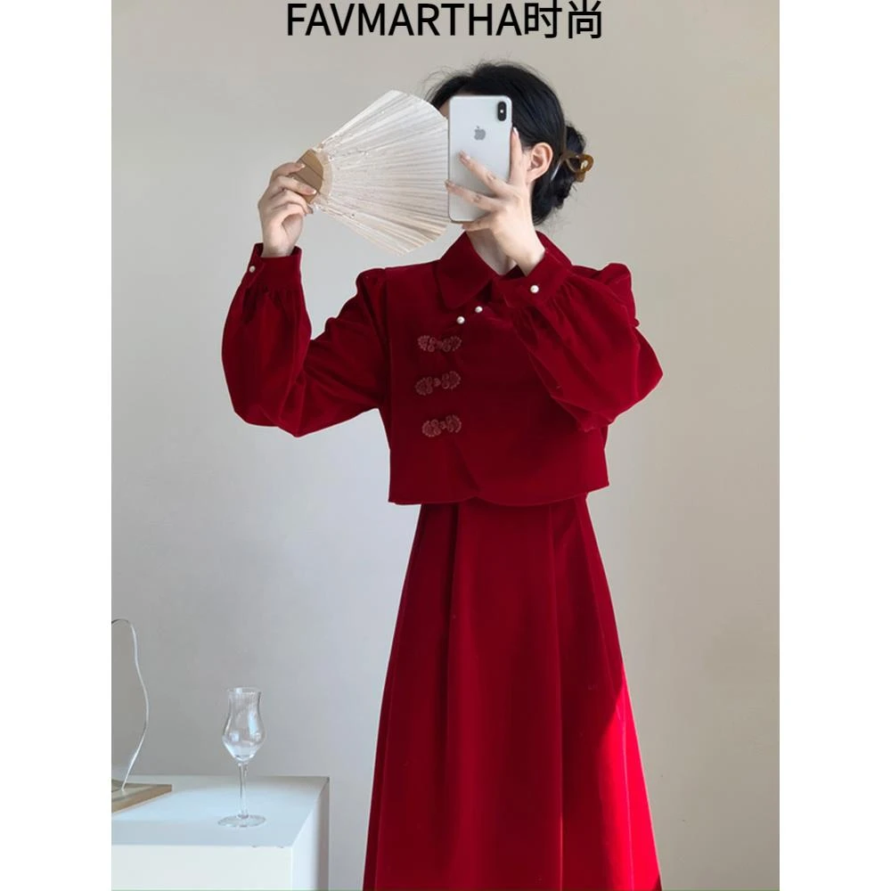 新中式国风改良旗袍红色丝绒连衣裙女春夏高级感敬酒订婚礼服长裙