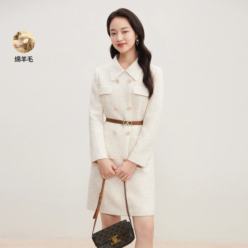 【珂莱蒂尔Koradior】通勤百搭双排扣收腰中长款连衣裙KF09478V1