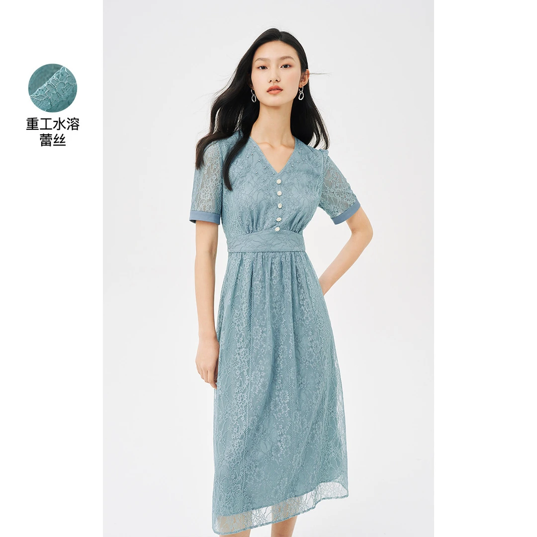 V领短袖蕾丝精致收腰时尚优雅碎花重工连衣裙女蓝色法式KF05605M4