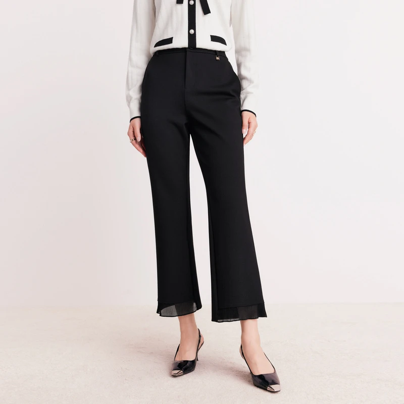 【晨粉专享价】时尚气质显瘦微喇阔腿裤黑色休闲高腰裤子