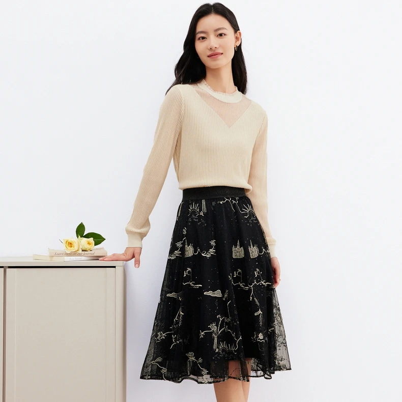 Koradior/珂莱蒂尔显瘦刺绣蕾丝半身裙裙子高腰时尚百搭夏季
