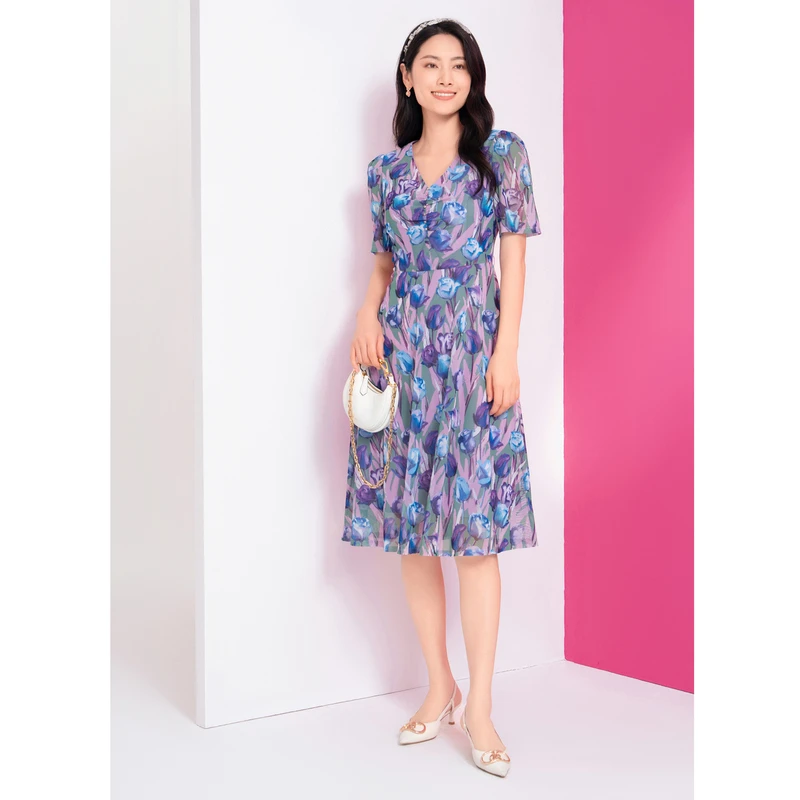 Koradior/珂莱蒂尔春夏优雅修身梭织圆领女装连衣裙KF10714M1